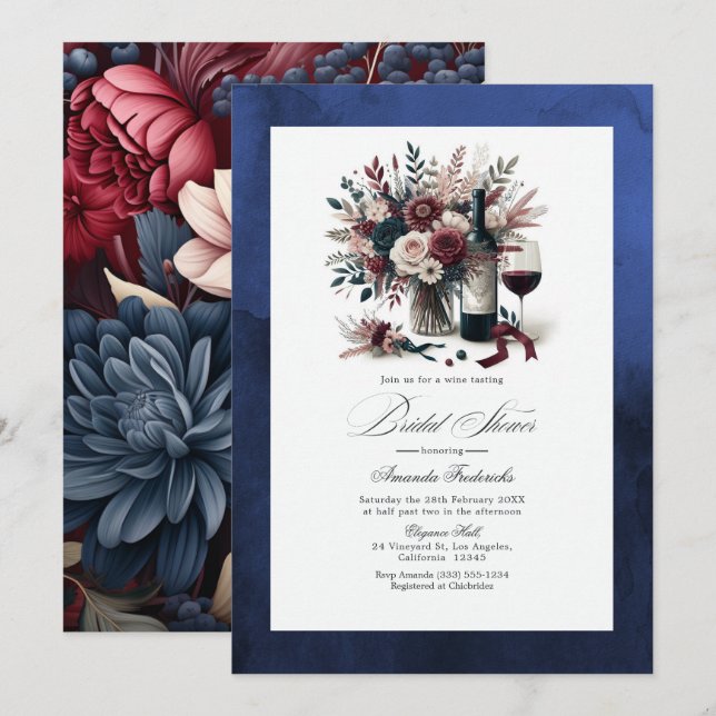 Convites Burgundy & Naval Floral Vinho Boho Chá de Noiva (Frente/Verso)