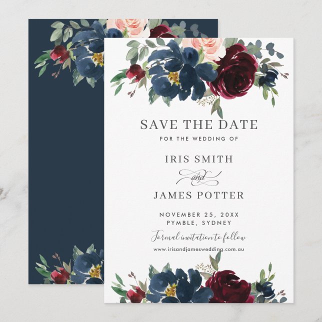 Convites Burgundy Navy Blush Floral Casamento Salve a Data (Frente/Verso)