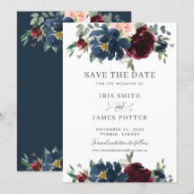 Burgundy Navy Blush Floral Casamento Salve a Data