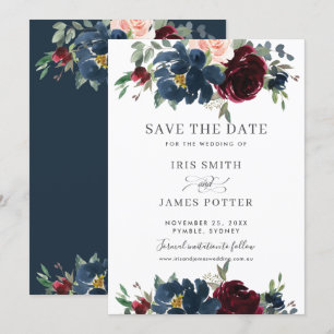 Convites Burgundy Navy Blush Floral Casamento Salve a Data