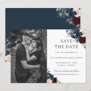 Convites Burgundy Navy Blush Floral Foto Salve a Data