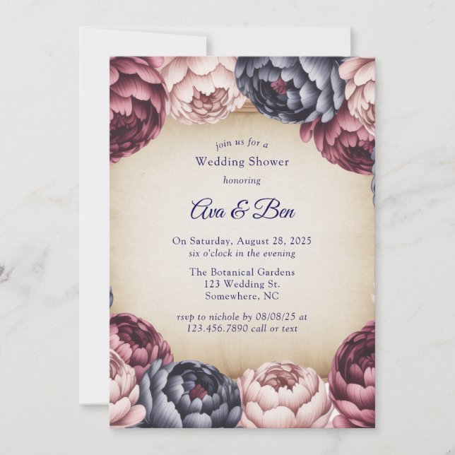 Convites Burgundy Navy Blush Peony Wedding Shower (Frente)