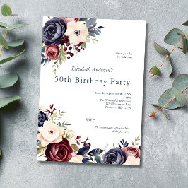 Convites Burgundy Navy Creme Floral Aquarela 50 Aniversário