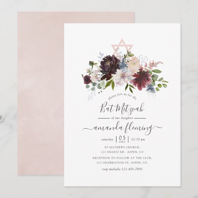 Convites Burgundy, Navy e Blush Bat Mitzvah (Frente/Verso)