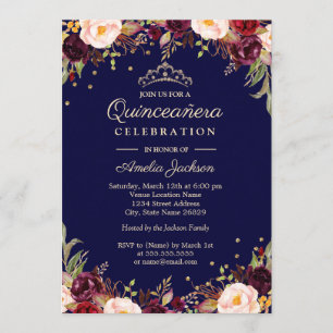 Convites Burgundy Navy Elegante Quinceanera Floral