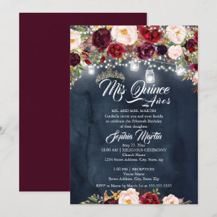 Convites Burgundy Navy Floral Lights Quinceanera