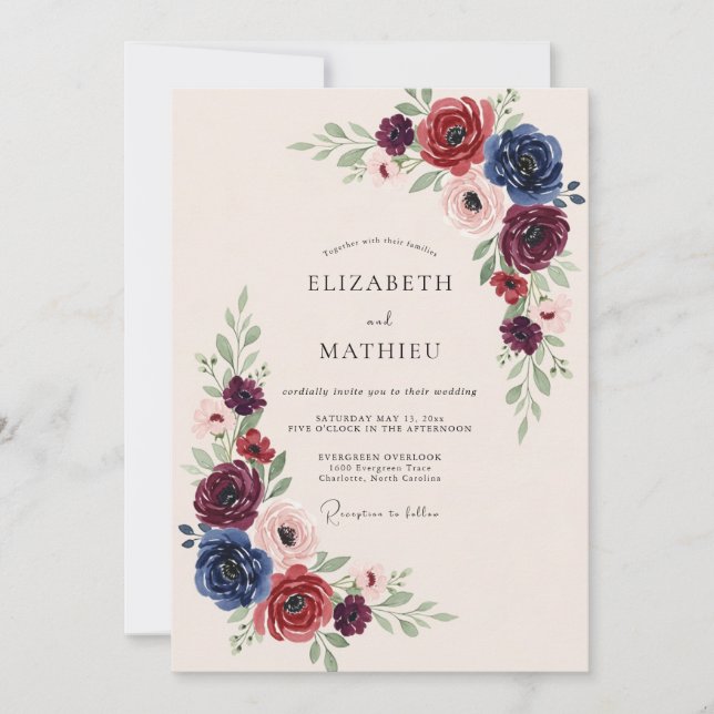 Convites Burgundy Navy Opulent Winter Wedding (Frente)