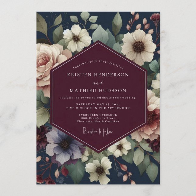 Convites Burgundy Navy Painterly Bloom Wedding (Frente)