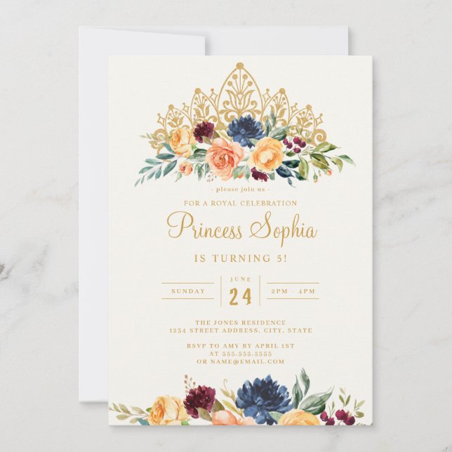 Convites Burgundy Navy Princesa Floral Tiara Aniversário (Frente)