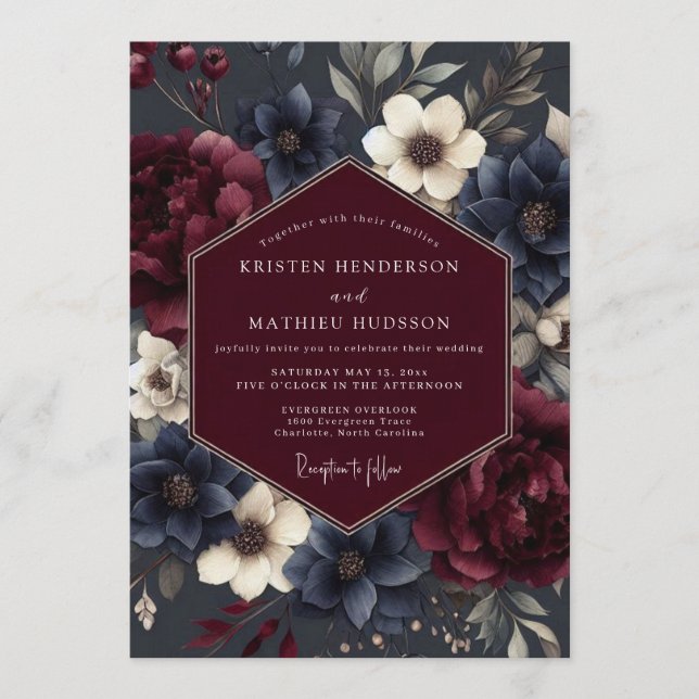 Convites Burgundy Navy Somber Flora Wedding (Frente)