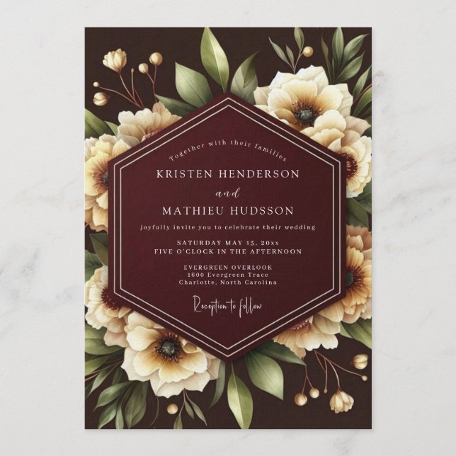 Convites Burgundy Nocturne Bloom Wedding (Frente)