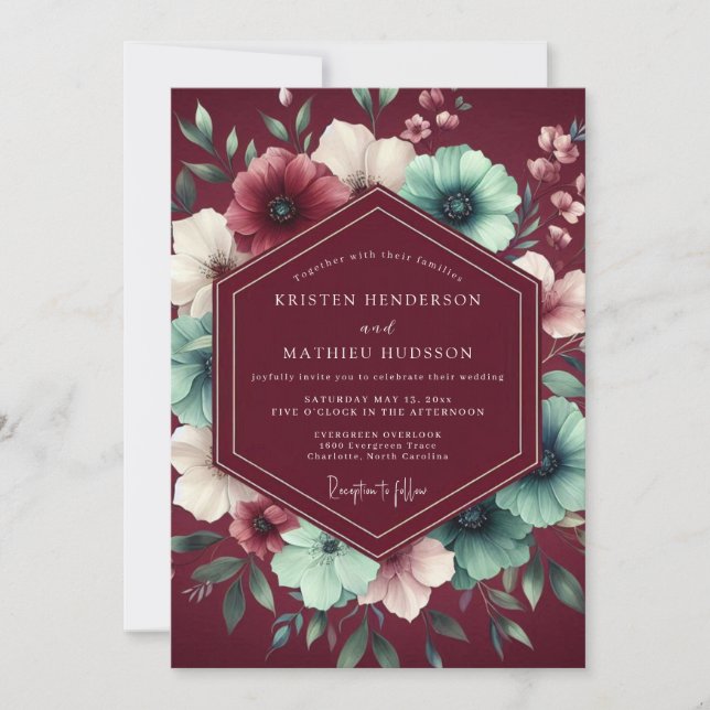 Convites Burgundy Nocturne Botanical Wedding (Frente)
