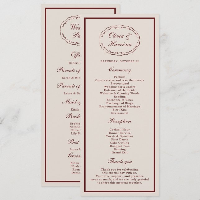Convites Burgundy Old Money Wedding Program Card (Frente/Verso)