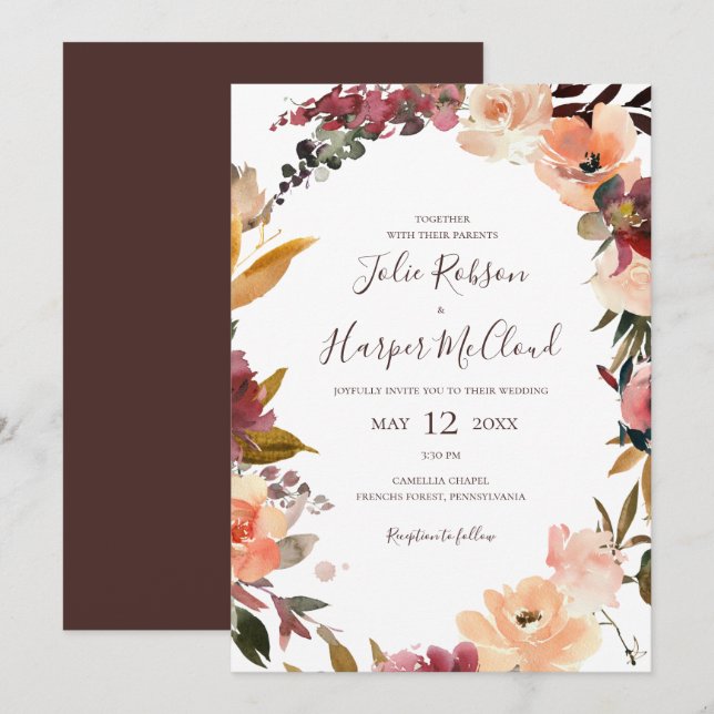 Convites Burgundy Orange Floral Casual Invitation (Frente/Verso)