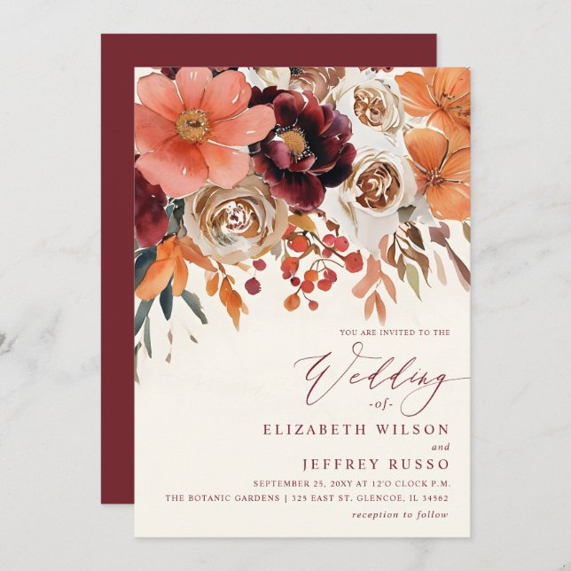 Convites Burgundy Orange Floral Fall Wedding (Frente/Verso)