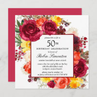 Burgundy Orange Yellow Floral 50th Birthday