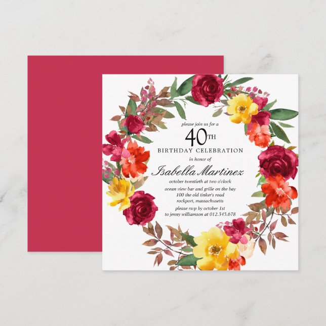 Convites Burgundy Orange Yellow Floral Wreath aniversário d (Frente/Verso)