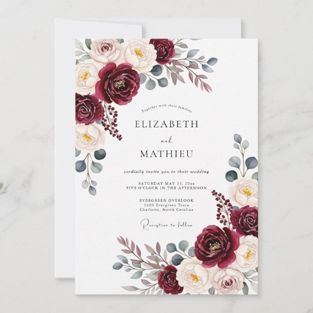 Convites Burgundy Painterly Bloom Romance Wedding (Frente)