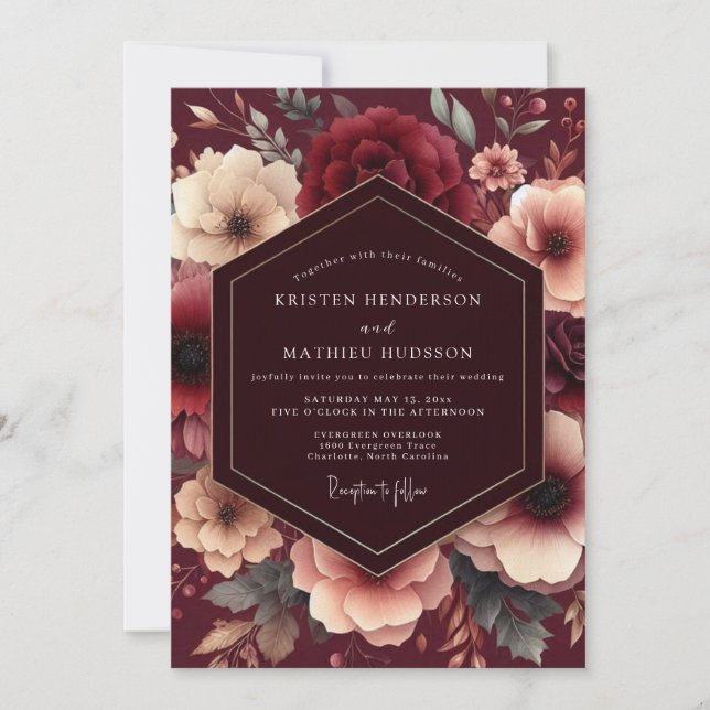 Convites Burgundy Painterly Bloom Wedding (Frente)