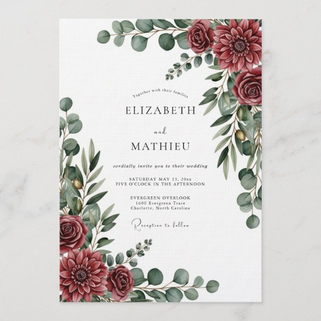 Convites Burgundy Painterly Botanical Wedding (Frente)