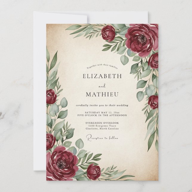 Convites Burgundy Painterly Vintage Wedding (Frente)