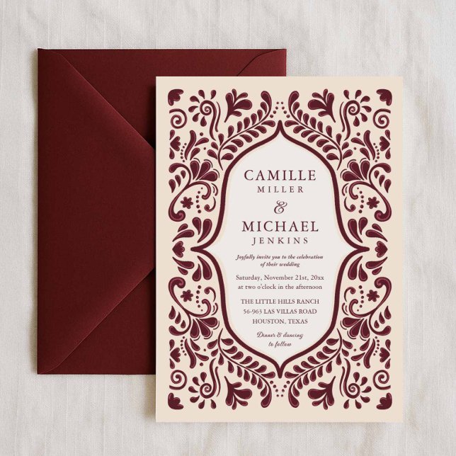 Convites Burgundy Papel Picado Mexican Wedding Invitation (Mexican Talavera Wedding Invitation)