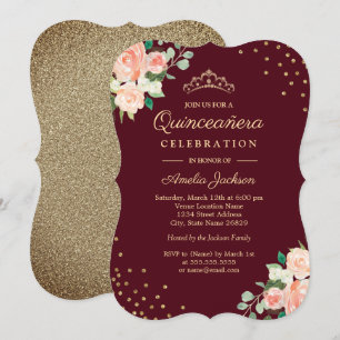 Convites Burgundy Peach Floral Confetti Quinceanera Dourada