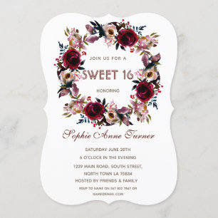 Convites Burgundy Peach Floral Sweet Partido de Dezesseis