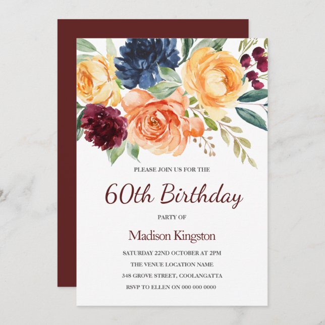 Convites Burgundy & Peach Watercolor Floral 60º Aniversário (Frente/Verso)