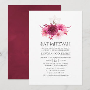 Convites Burgundy & Pink Floral em Aquarela Bat Mitzvah de 