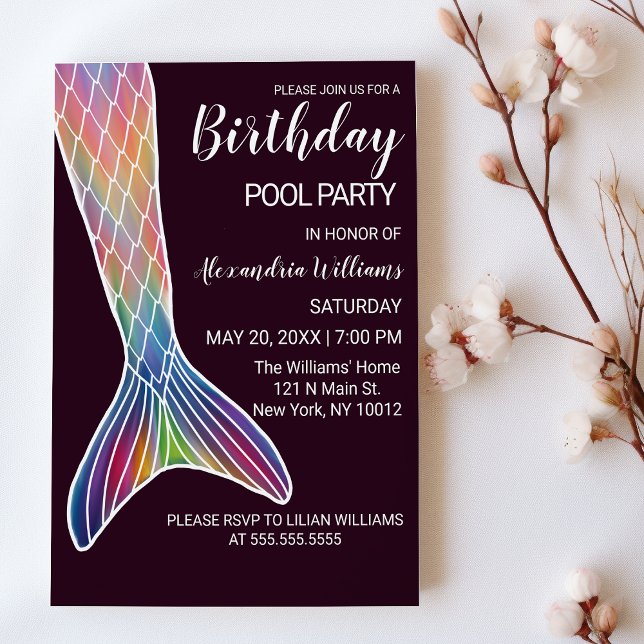 Convites Burgundy Pink Roxo Sereia Piscina Aniversário (Burgundy Pink Purple Mermaid Tail Pool Birthday)