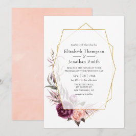 Convites Burgundy Plum e Blush Floral Casamento Geométrico