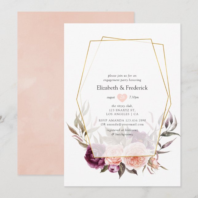 Convites Burgundy Plum e Blush Geométrico Festa de noivado (Frente/Verso)