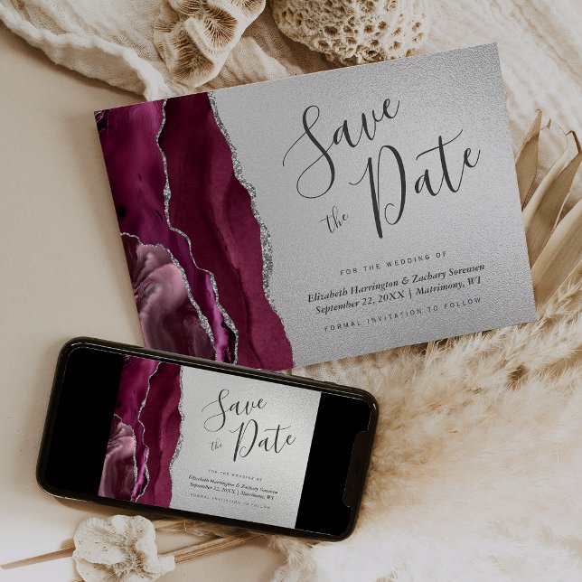 Convites Burgundy Prata Ágata Azul Marinho Save the Date (Criador carregado)