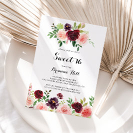 Convites Burgundy Primavera Floral Sweet 16 Festa de aniver
