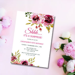 Convites Burgundy Purple Rosa Floral Surpresa Aniversário