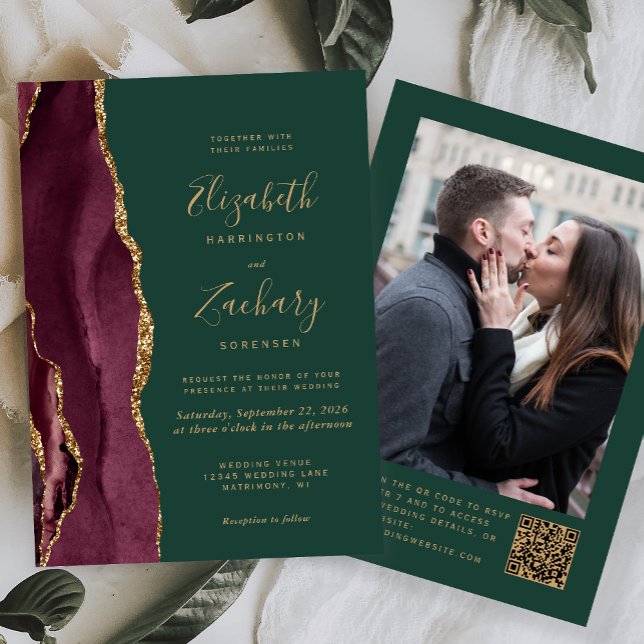 Convites Burgundy Red Agate Green Photo QR Code Wedding (Criador carregado)