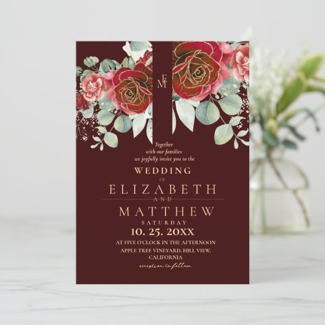 Convites Burgundy Red and Gold Floral Modern Boho Wedding (Em pé/Frente)
