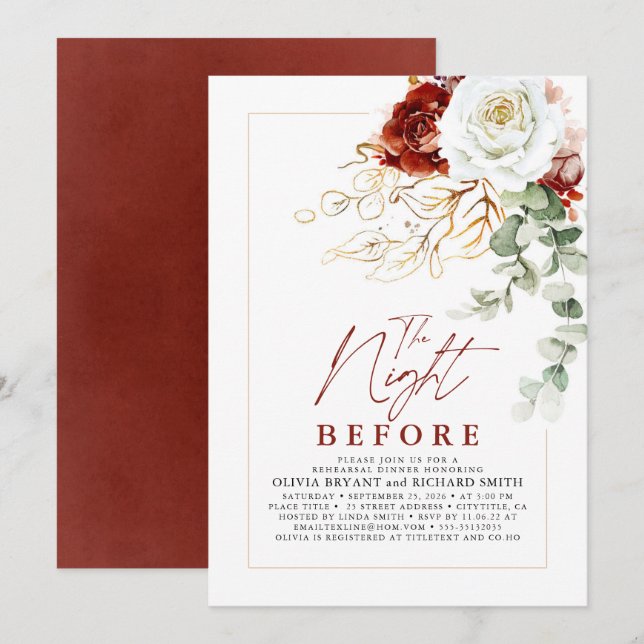 Convites Burgundy Red and White Floral Rehearsal Dinner (Frente/Verso)