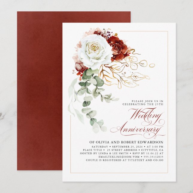 Convites Burgundy Red and White Floral Wedding Anniversary (Frente/Verso)