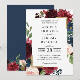 Convites Burgundy Red Blush Floral Marinho Azul Dourado Cas