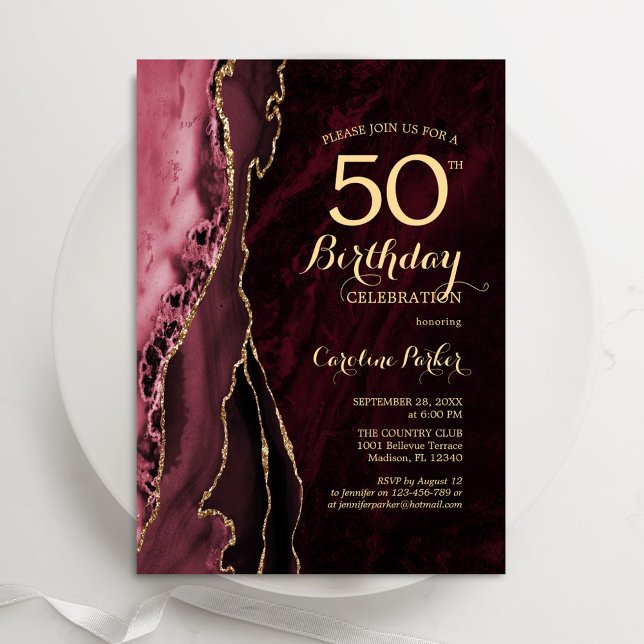 Convites Burgundy Red Dourado Agate 50º Aniversário (Criador carregado)