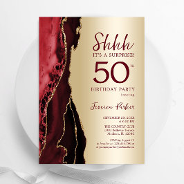 Convites Burgundy Red Dourado Agate Surpresa 50º Aniversári