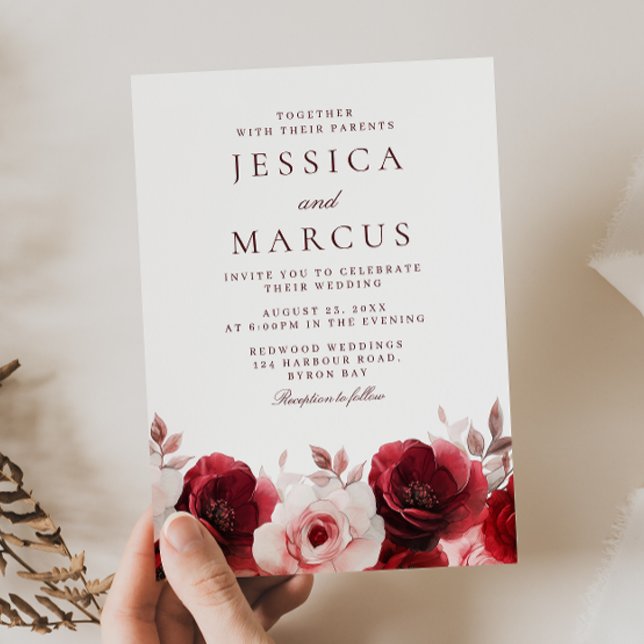 Convites Burgundy Red Elegance: Casamento Rosa vermelha (Criador carregado)