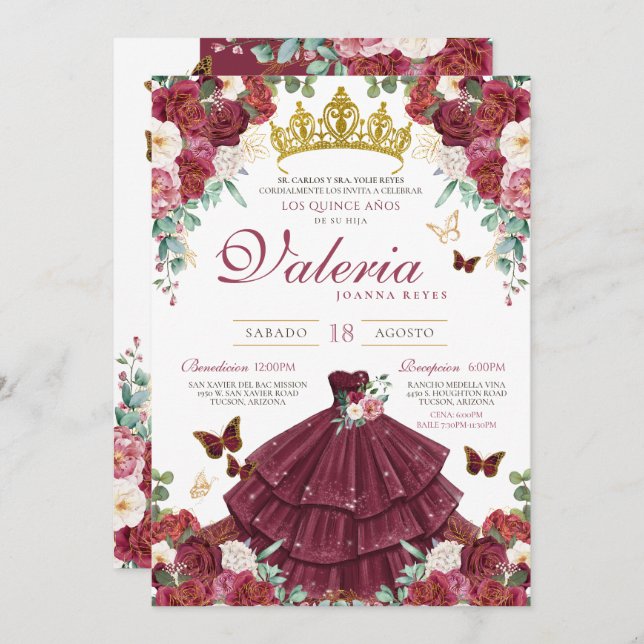 Convites Burgundy Red Elegant Butefly Princess Quinceañera (Frente/Verso)