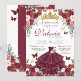 Convites Burgundy Red Elegant Butefly Princess Quinceañera