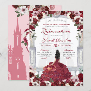 Convites Burgundy Red Elegante Charro Princess Quinceanera
