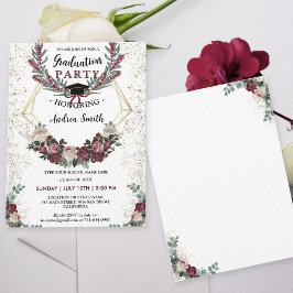 Convites Burgundy Red Floral Dourada Festa de formatura