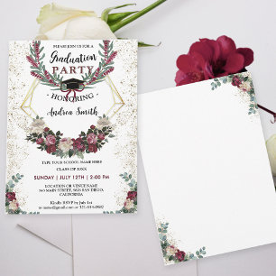 Convites Burgundy Red Floral Dourada Festa de formatura