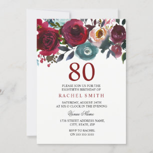 Convites Burgundy Red Floral Elegante 80 Aniversário